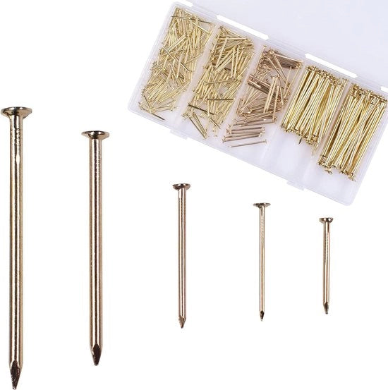 Assortimento di chiodi 300 pezzi - chiodi in ottone dorato per appendere foto - varie dimensioni in assortimento.