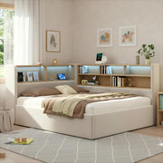 LETTO con contenitore idraulico, velluto beige, 214.5x160.0x90.0 cm