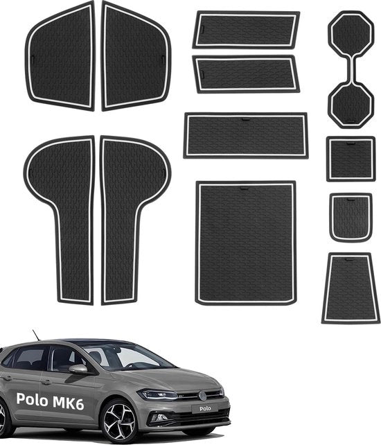 Antislipmatten per 12 pezzi per VW Polo MK6 2018-2024, mattoncini in gomma per console centrale, cassetto portaoggetti, contenitore per bicchieri, vano porta manubrio, vano porta braccio, nero-bianco