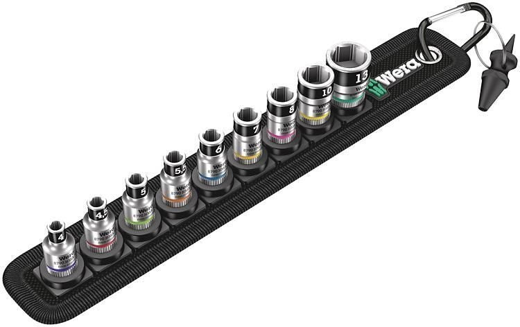 Wera 05003880001 Zyklop Set di Bussole 1-4'' con Funzione di Ritegno 9 Pezzi con Moschettone e Nastro Autoadesivo colore Nero