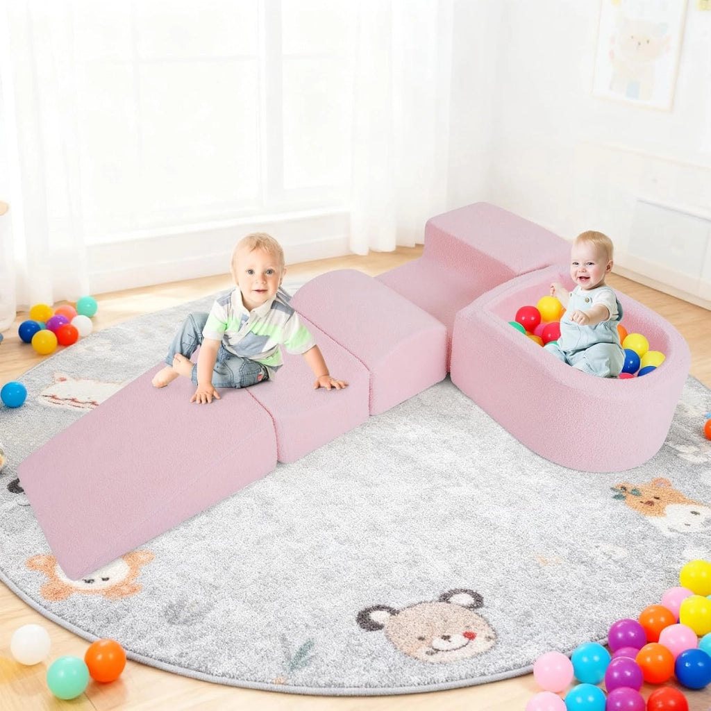 Blocchi da Arrampicata in Schiuma per Bambini, con Piscina di Palline, Set di 5 Pezzi per Arrampicata e Strisciamento, Set da Gioco da Interno per Bambini 3 Anni+ (Rosa,Sherpa)