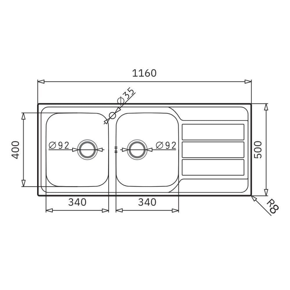 Lavello da incasso Tirreno116 in acciaio inox 2 vasche e gocciolatoio destro 116x50x18H
