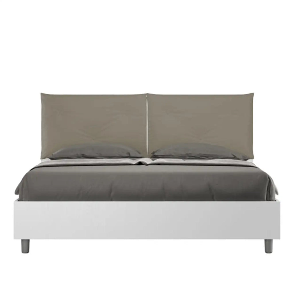 Letto matrimoniale con rete 160x190 bianco frassino cuscini similpelle cappuccino Egos Appia