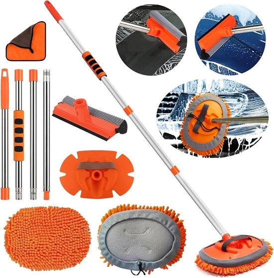 Asciugamano per Auto con Penna di Microfibra Chenille - 2 Teste di Asciugamano - Asta Estensibile - Strumento di Pulizia per Scalfitture - 1 Asta - 1 Asciugamano da Asciugatura - 1 Sfrega per Auto con Penna di Microfibra
