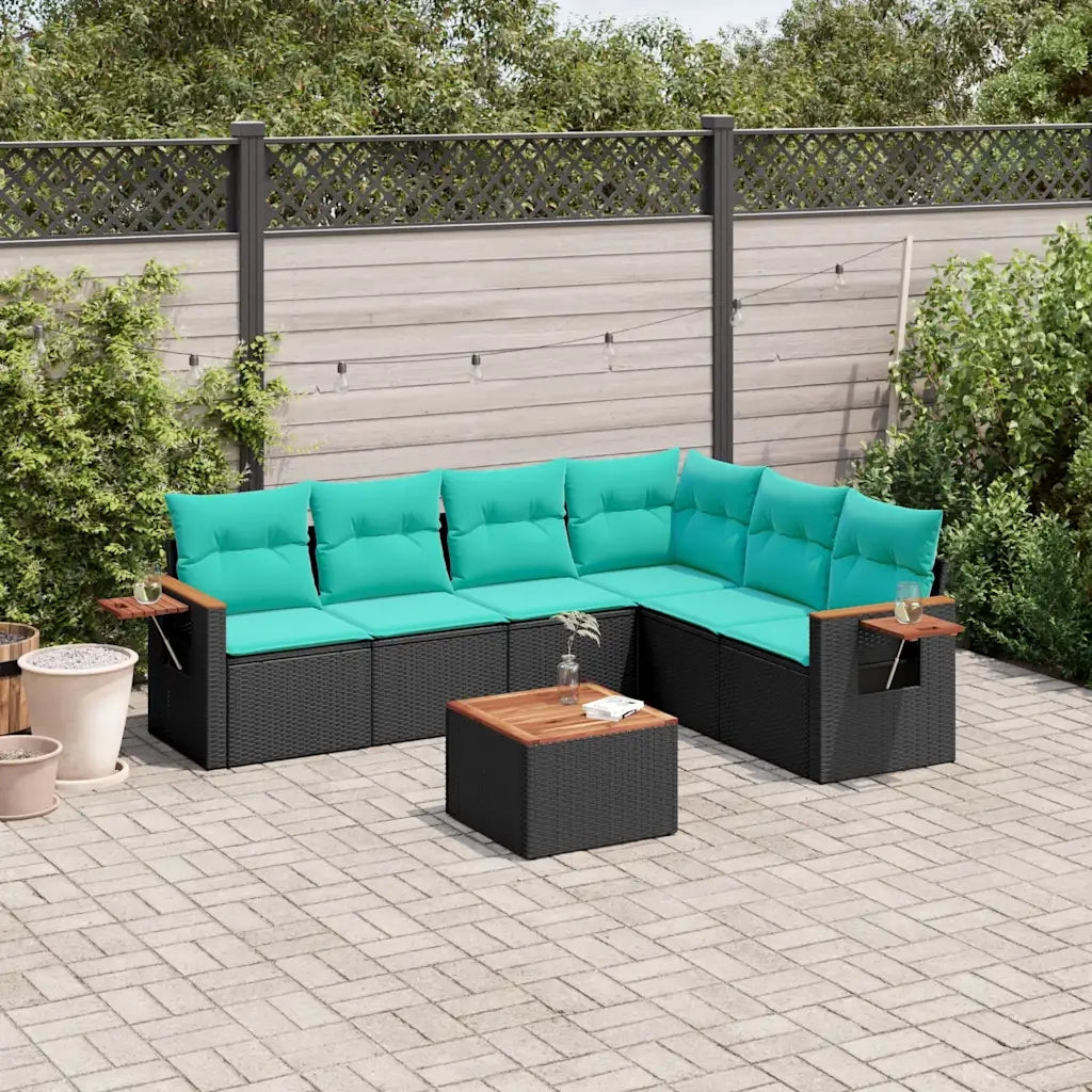 Set Divani da Giardino 7 pz con Cuscini Nero in Polyrattan