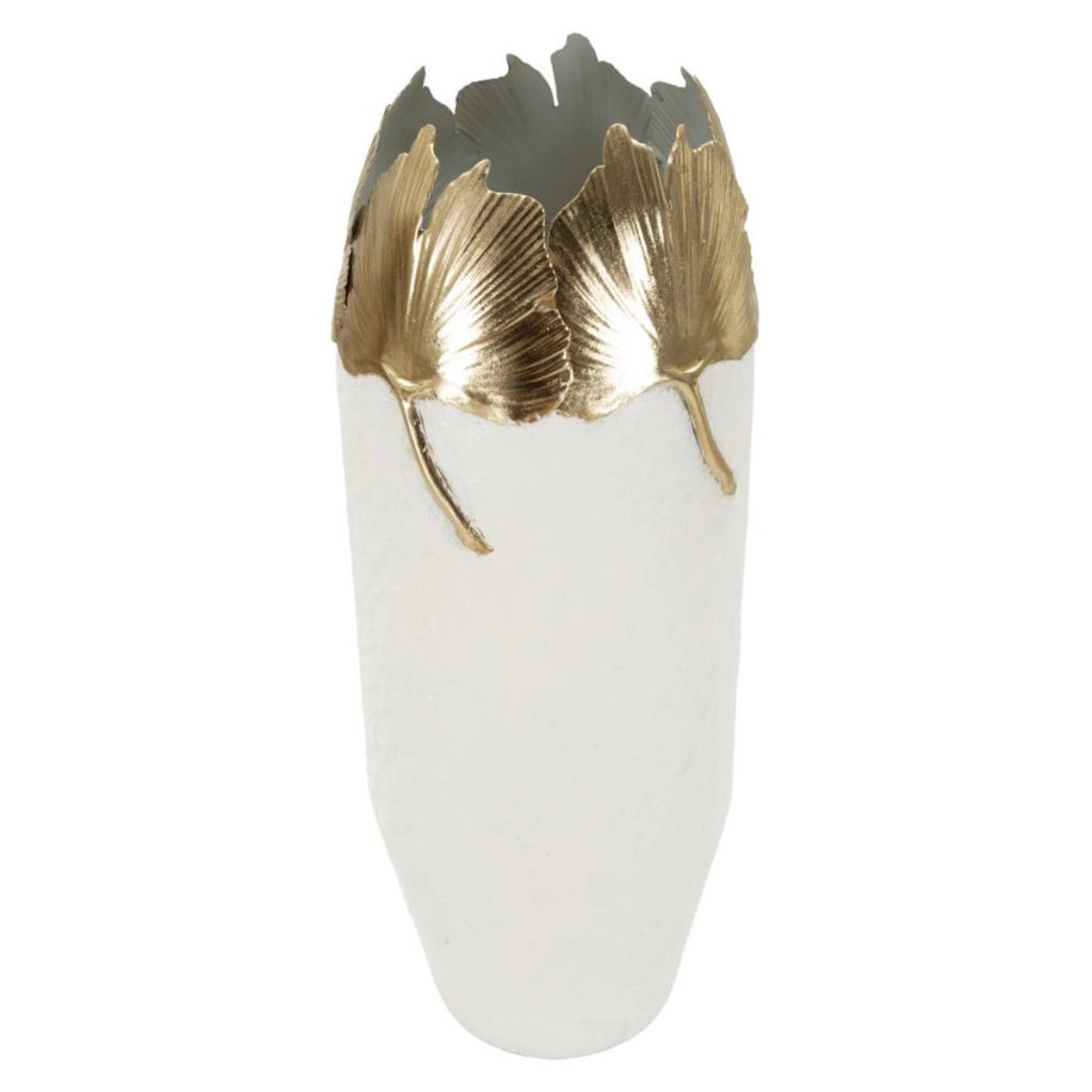 Vaso decorativo slanciato in ferro bianco e foglie oro