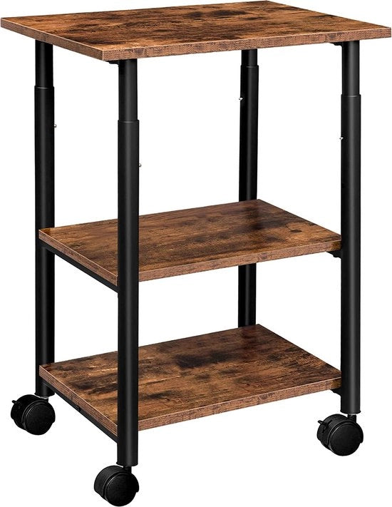 Tavolo da stampante con ruote bloccabili - Stazione di stampa - Carrello di stampa Ripiegabile con 3 livelli - Regolabile in altezza - 48,5 x 40 x 67 cm - per ufficio - marrone scuro/nero
