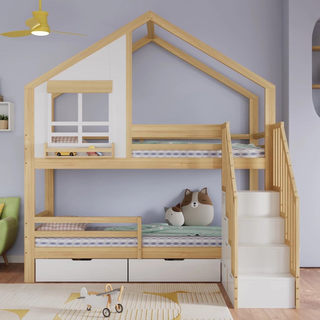 Letto a Castello 90x200 cm - 2 Cassetti; Scala Contenitore e Finestre - Bianco e Naturale