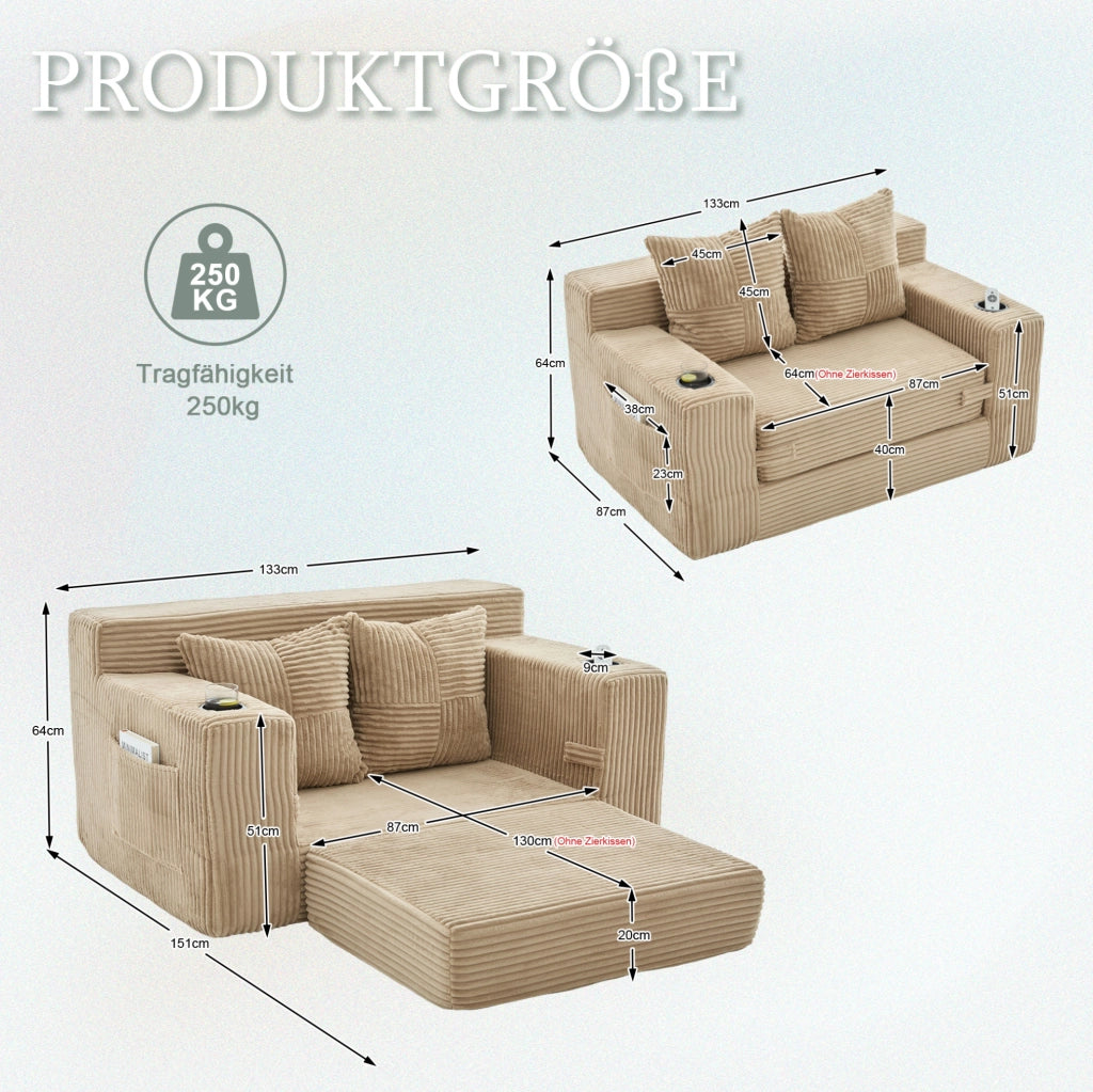 Divano pouf in velluto a coste kaki con tasche laterali e 2 cuscini; 151 x 133 x 64 cm