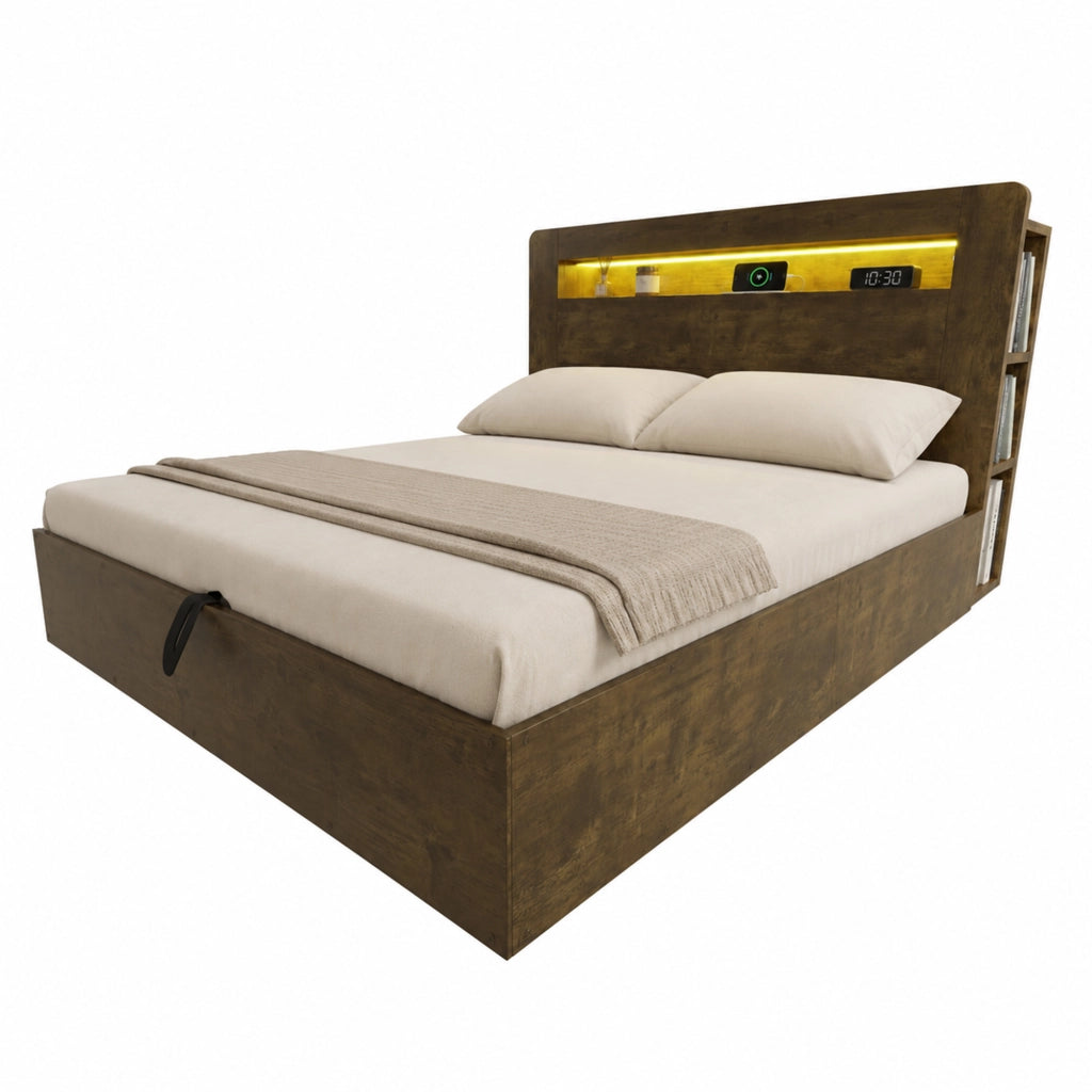 Letto contenitore matrimoniale 180×200 cm con LED; prese e ripiani testiera; senza materasso; legno vintage