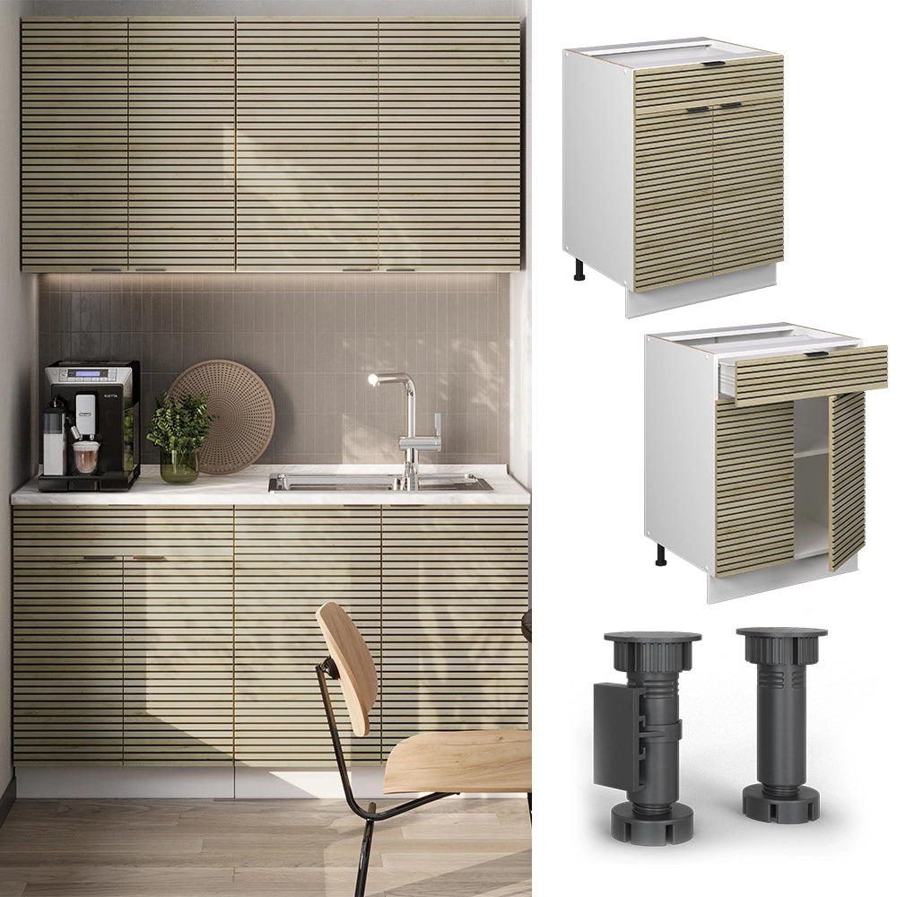 Mobiletto base per cucina Fame-Line Pannello in quercia/Bianco 60 cm con cassetto, PL Marmo Vicco
