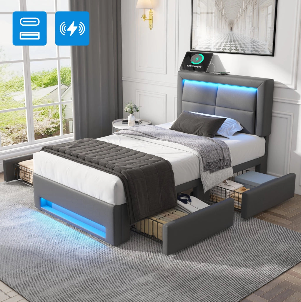 Letto imbottito 90x200 cm con USB; LED e 4 cassetti; PU grigio
