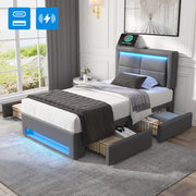 Letto imbottito 90x200 cm con USB; LED e 4 cassetti; PU grigio
