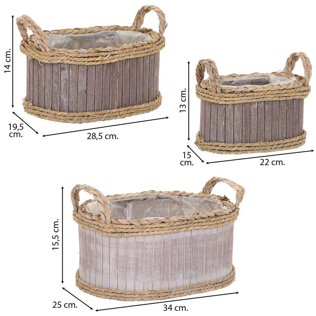 Set di 3 cestini ovali in legno grigio