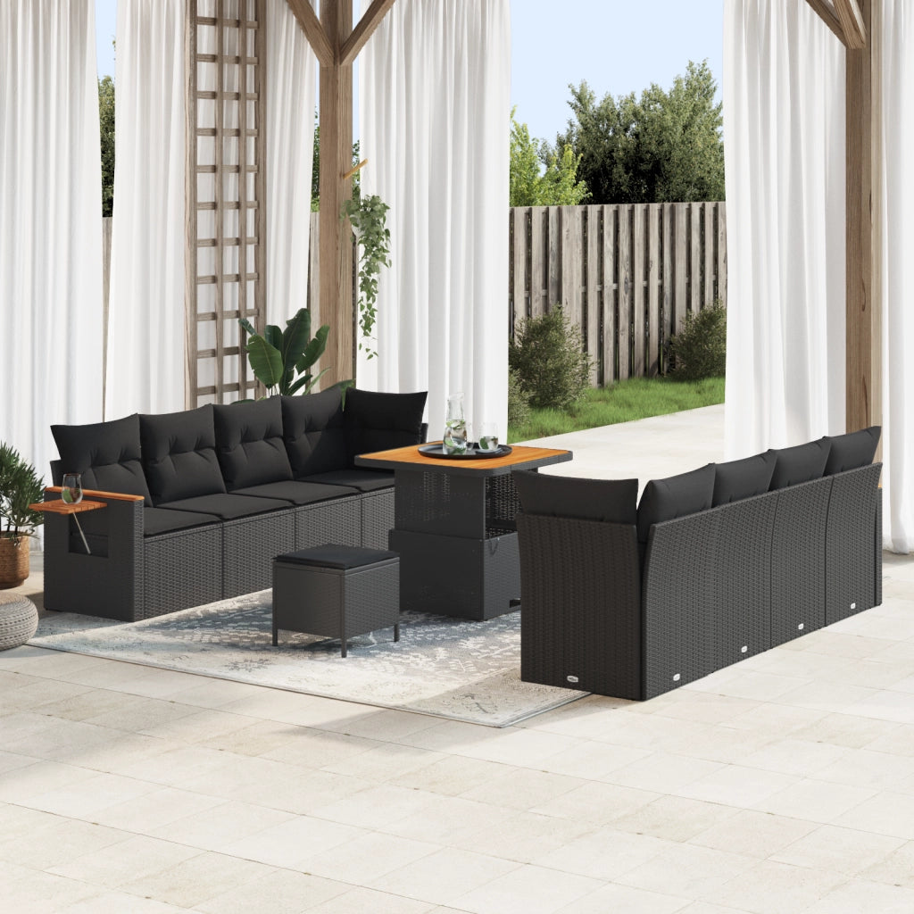 Set Divano da Giardino 11 Pezzi con Cuscini Rattan Nero Acacia