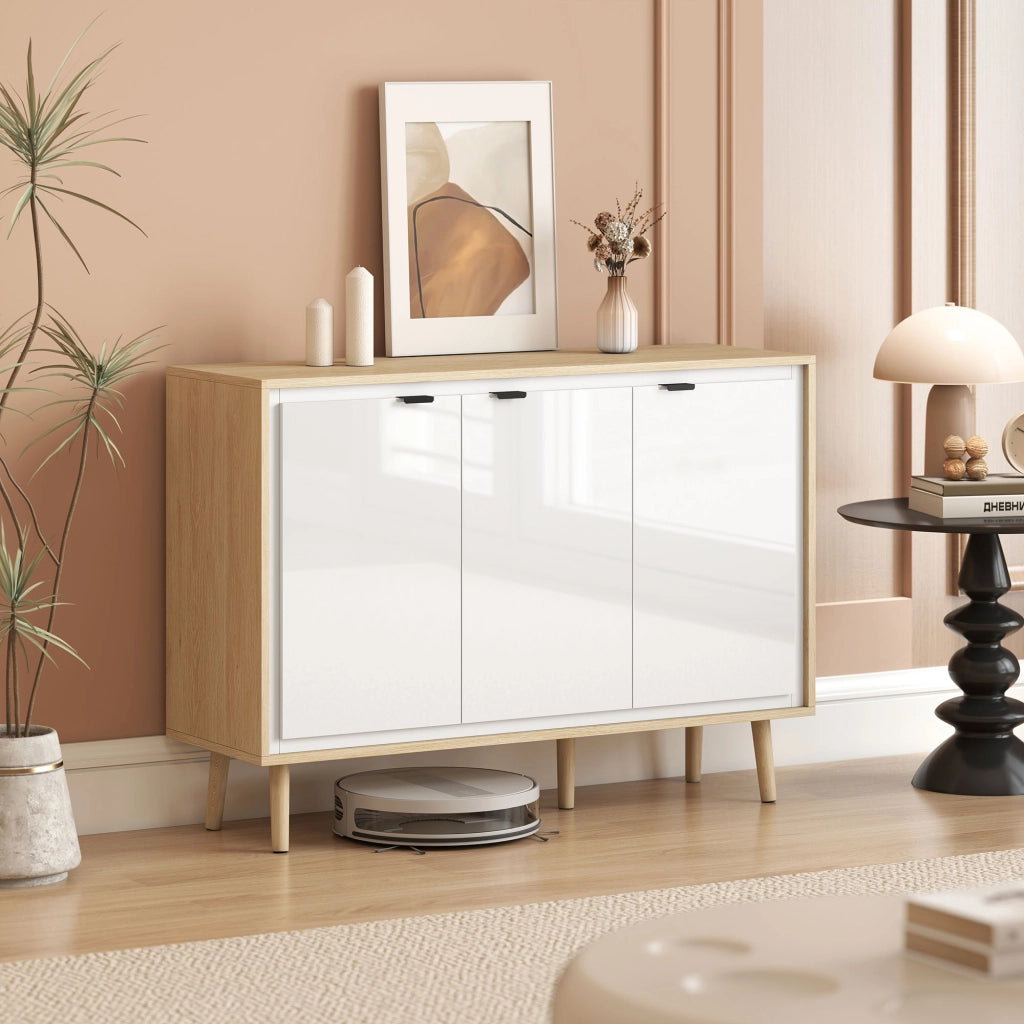Credenza Moderna a 3 Ante con Ripiano Regolabile. 107x35x77 cm. Bianco Lucido e Rovere