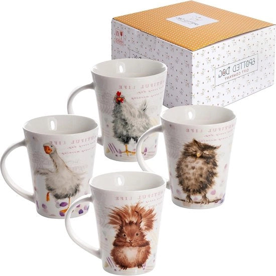 Set di Ciotole per Caffè di 4 Carine Uccelli Pollo Cigno Scoiattolo Ciotole in Ceramica Caffè Ciotole da Tè - Regali per gli Amanti degli Animali - 360ml / 12.2oz set di ciotole