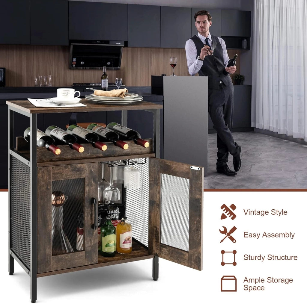 Cantinetta Porta Bottiglie da Vino, Credenza Industriale con 5 Portabottiglie Rimovibili, con Porta in Metallo a Rete Metallica, 60x34x79cm (Marrone)