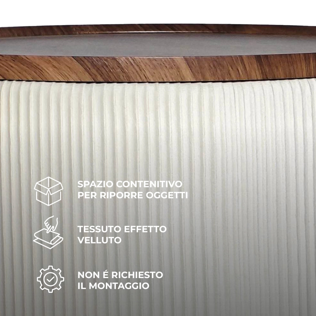 Set 2 Pouf Contenitore Rotondi in Velluto con Coperchio in Legno, Tavolino da Salotto Moderno, Pouf Contenitore Multiuso, Pouf Poggiapiedi, Tavolino Contenitore Salvaspazio Beige