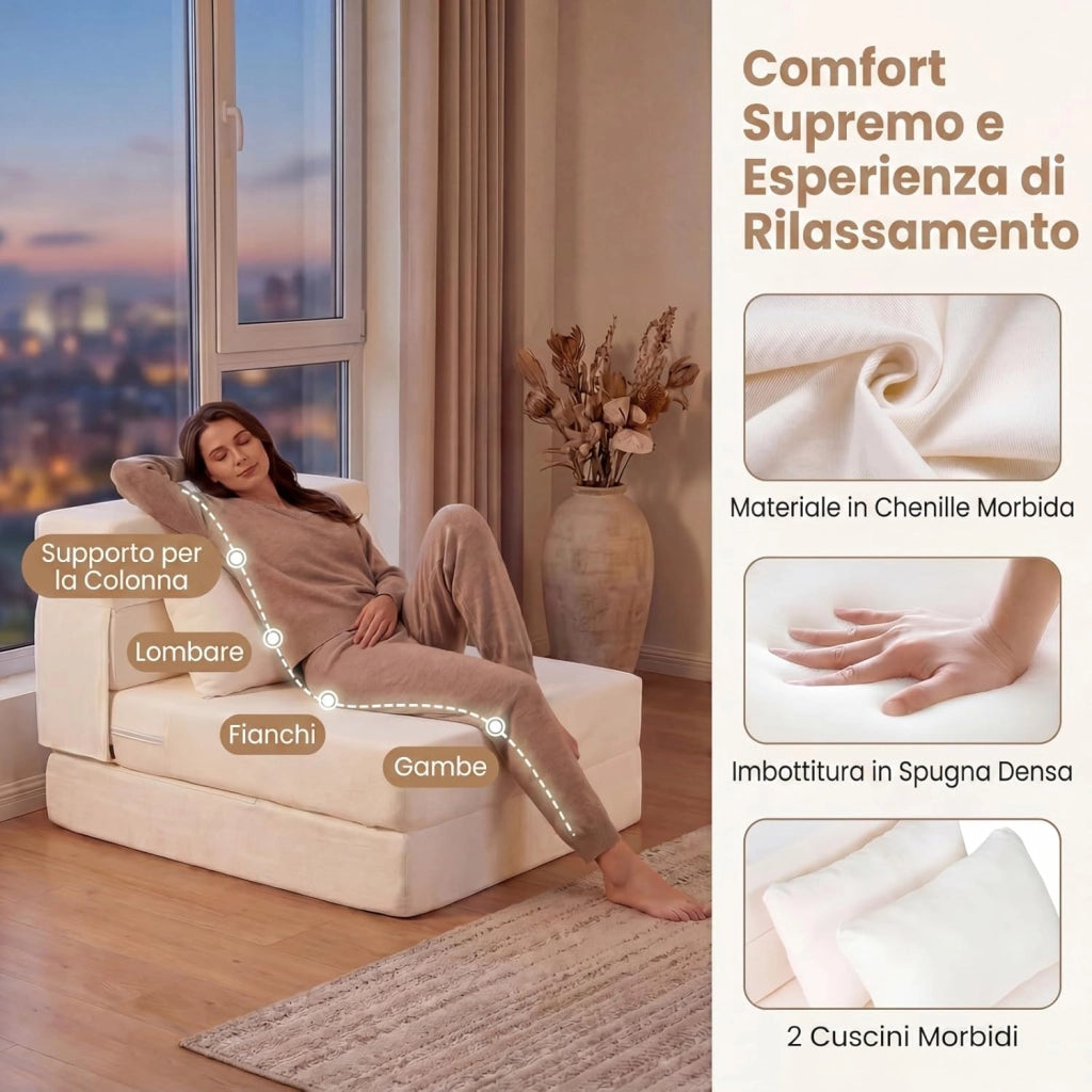 Divano Letto 2 Posti Pieghevole, 3 in 1 Divanetto Trasformabile con 2 Cuscini, Schiuma ad Alta Densità e Rivestimento in Tessuto Chenille, Poltrona Letto per Soggiorno (Beige,72 x 76 x 58 cm)