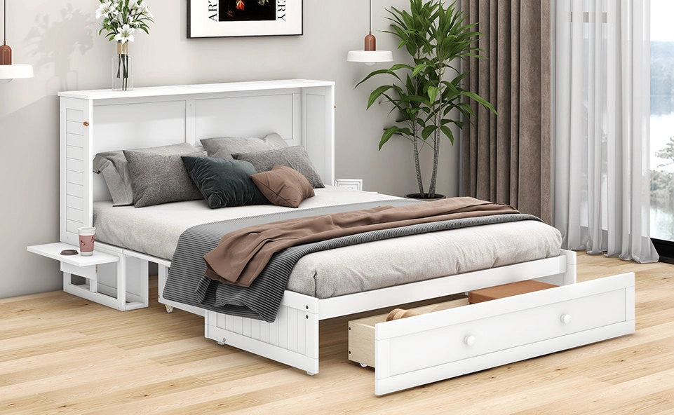 Letto a scomparsa 140x200 cm con cassetto e ripiani in pino e MDF bianco