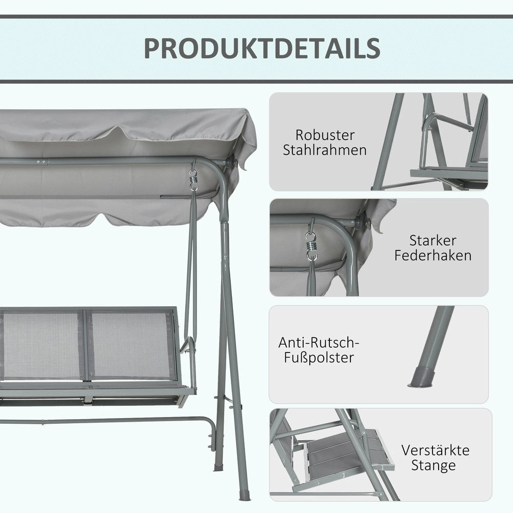 Dondolo da Giardino 3 Posti con Tettuccio ¨C Xylo ¨C Metallo Grigio, 170x110x153 cm