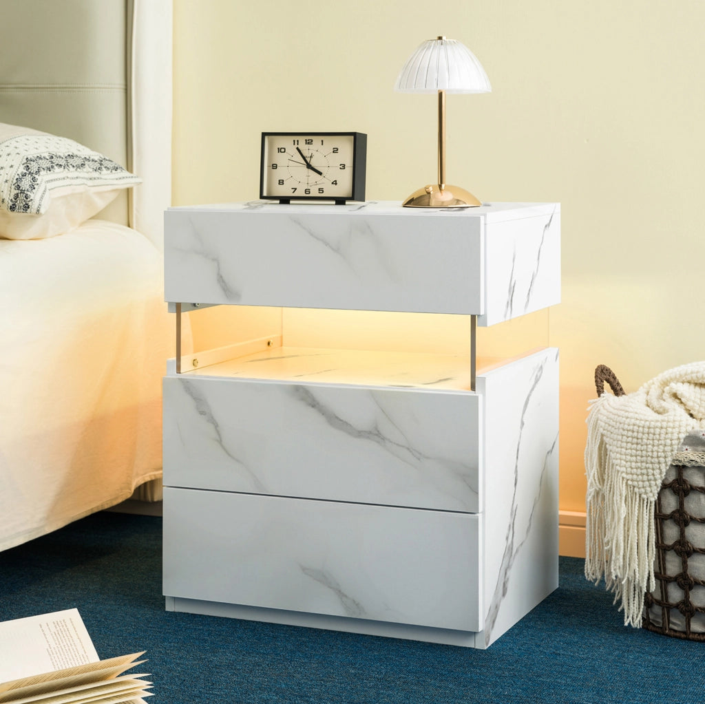 Comodino con 3 cassetti e luce LED RGB; in legno ingegnerizzato; bianco opaco