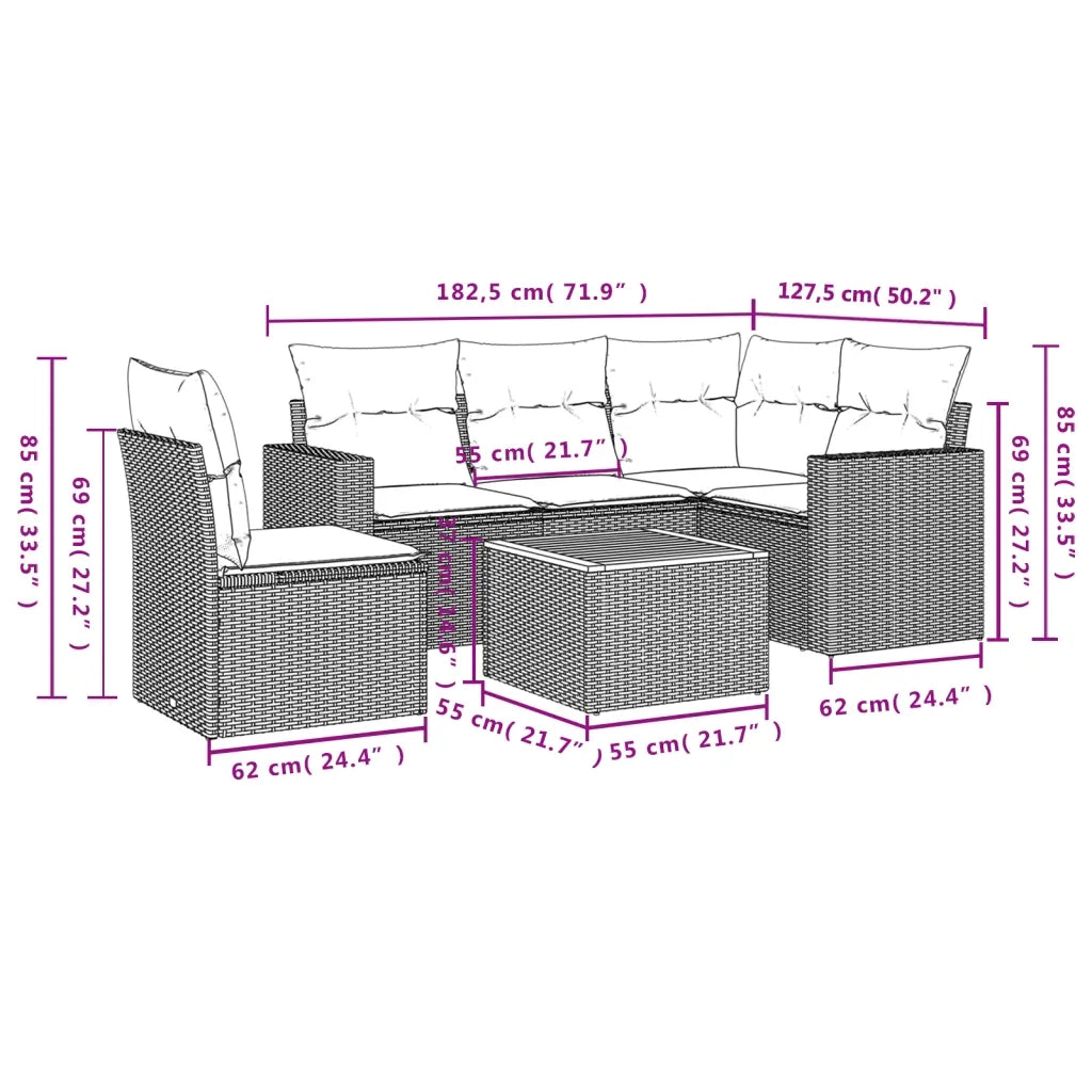 Set Divano da Giardino 6 pz con Cuscini Nero in Polyrattan