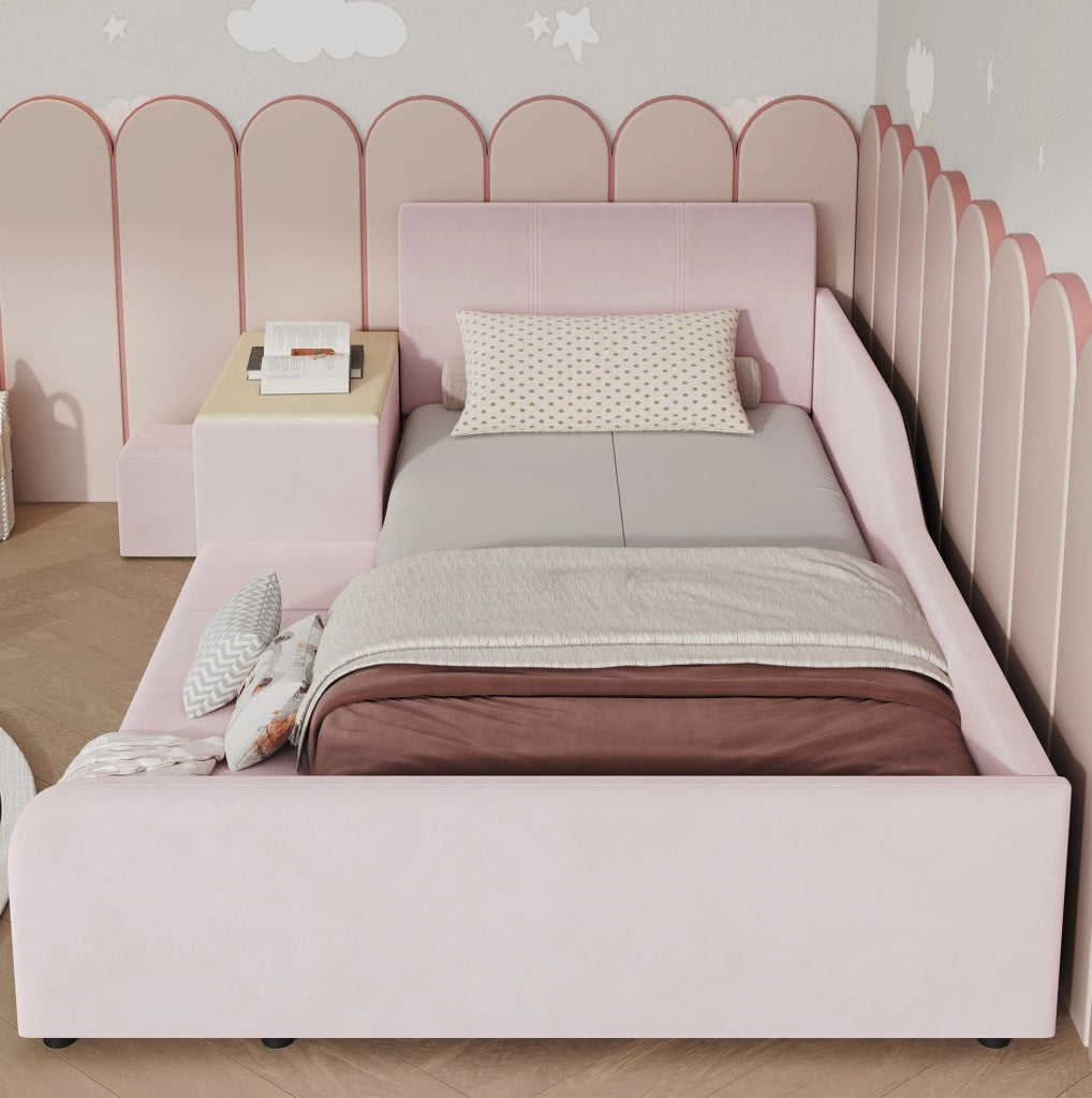 Letto singolo 90x200 cm rosa in velluto con scrivania e sgabello, senza materasso