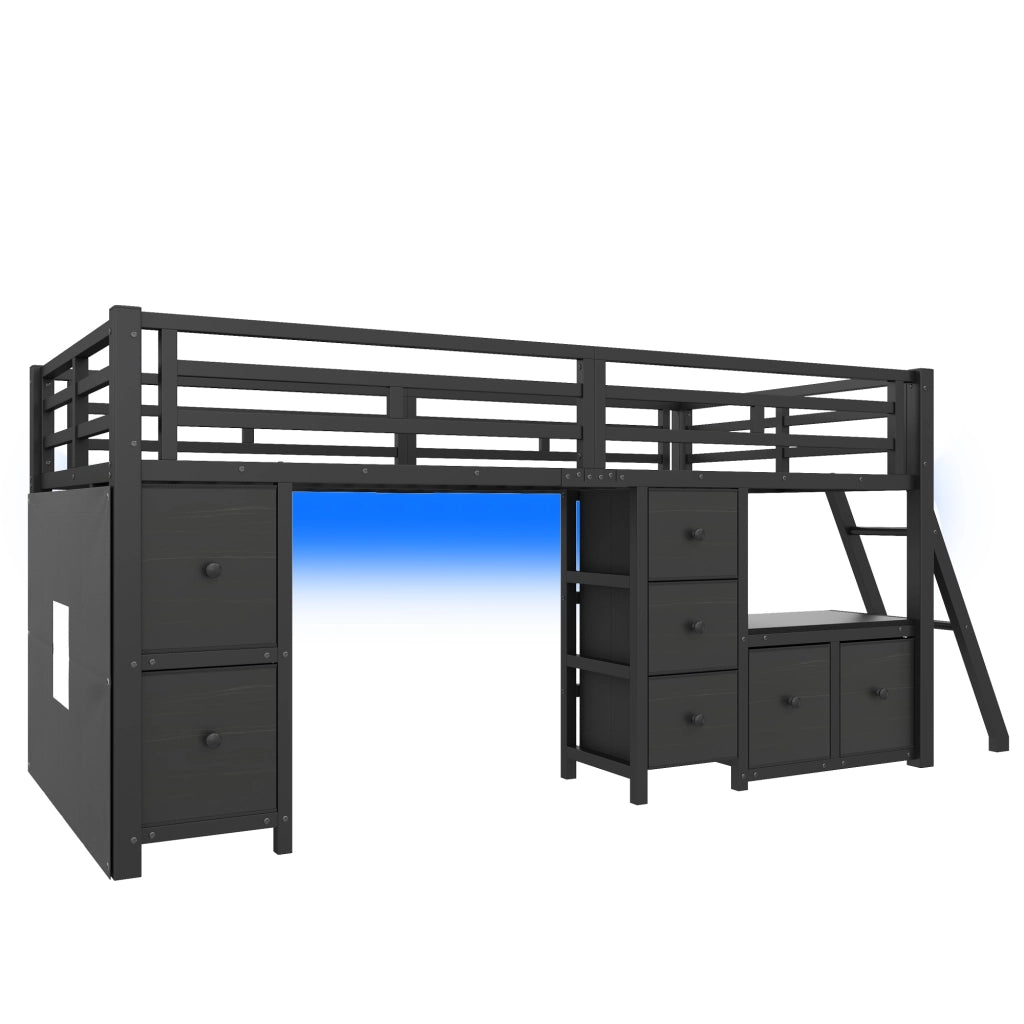 Letto a Soppalco 90x200 cm - 7 Cassetti in Tessuto; LED; Mensole - MDF; Metallo; Nero