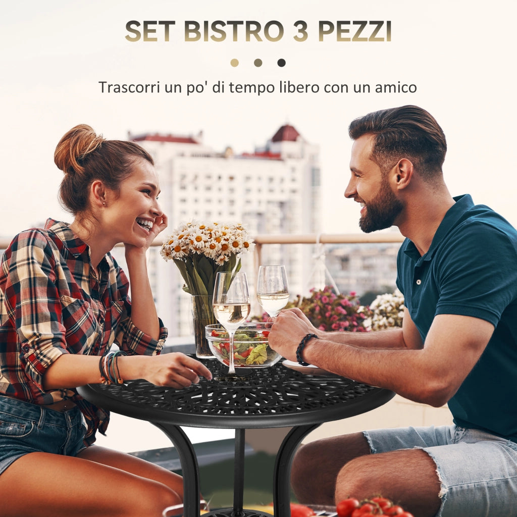 Set 3 Pezzi da Giardino con 2 Sedie e Tavolino in Vetro con Foro per Ombrellone in Alluminio Nero
