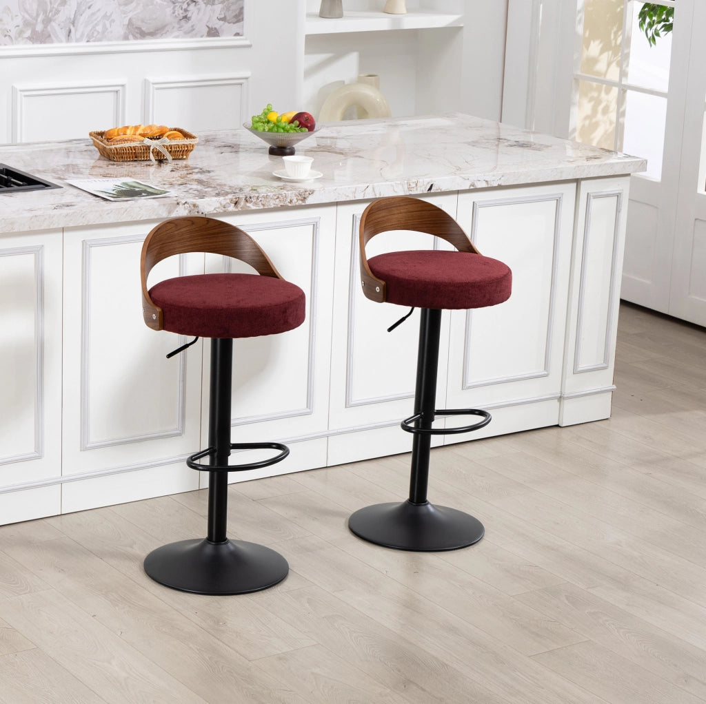 Set 2 sgabelli bar girevoli 360° regolabili in altezza; lino bordeaux; con schienale effetto noce