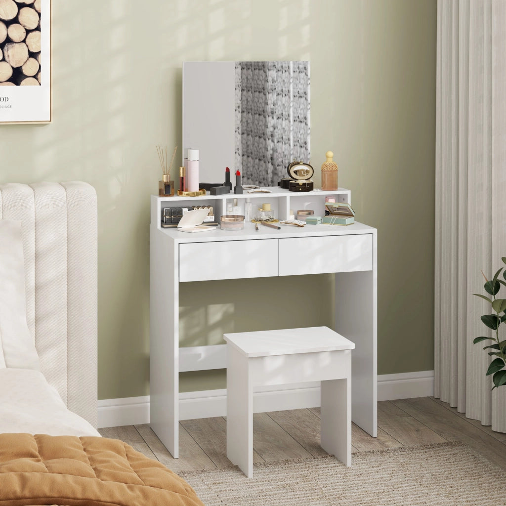 Tavolo da Trucco con Specchio, 3 Ripiani, 2 Cassetti e Sgabello, in Legno, 75x38x135 cm, Bianco
