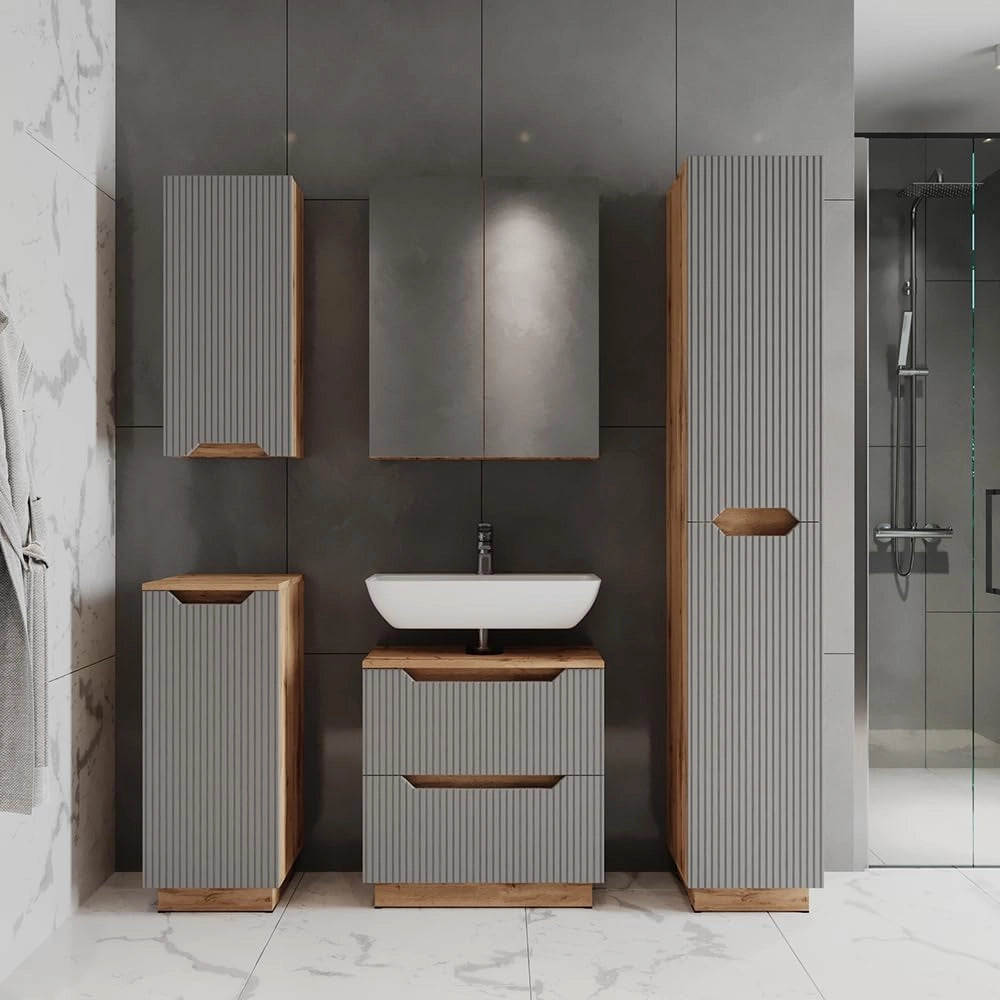 Set di mobili da bagno Lotta, Grigio, 59.8 cm, composto da mobile sottolavabo, specchiera, armadio medio e pensile