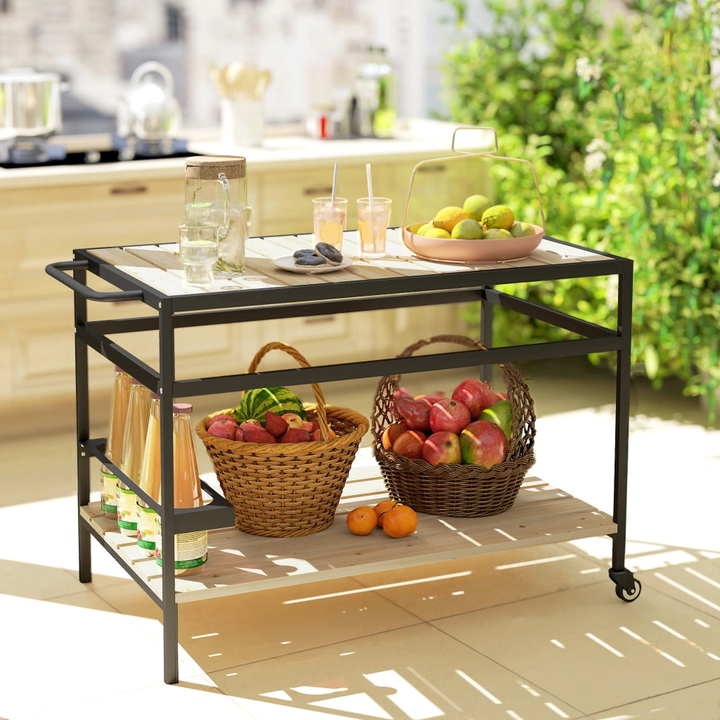 Carrello Portavivande da Giardino 107x65x80 cm Ripiano e Maniglia in Legno a Doghe e Acciaio
