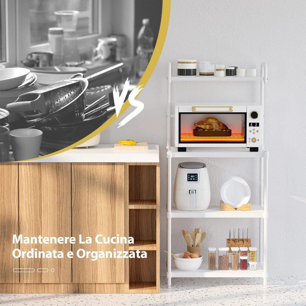 Microonde Scaffale da Cucina per Microonde in Metallo a 4 Ripiani, Carrello per Microonde Scaffalatura Organizzatore Portaoggetti, 60 x 34 x 136 cm (Bianco)