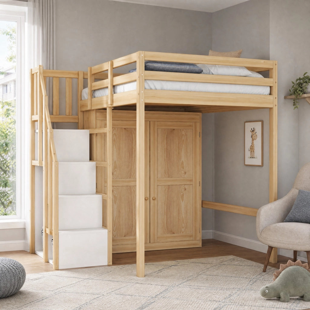 Letto a soppalco 90x200 cm in legno colore naturale con armadio e scala con spazio contenitivo