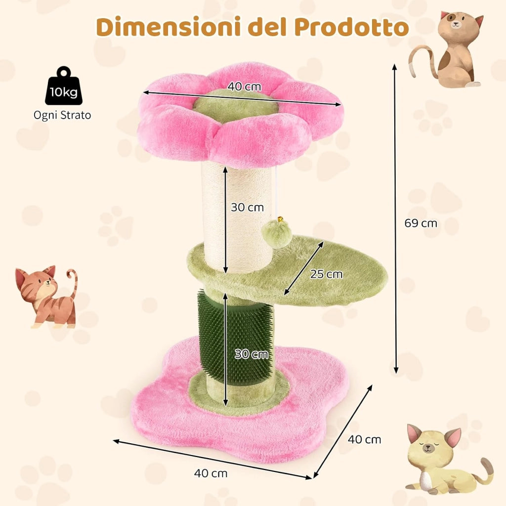 Albero per Gatti da Interno Alto 69 cm, Tiragraffi per Gatti a Forma di Fiore con Piedistallo Imbottito in Pile, Tiragraffi in Sisal e Pallina Appesa, Mobili per Gattini a Più Livelli (Rosa)