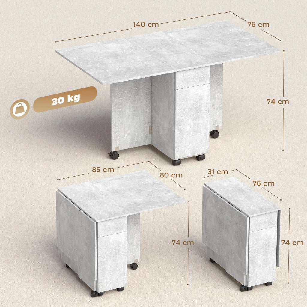 Tavolo da Pranzo Pieghevole con Ruote e 2 Cassetti ¨C Xylo ¨C Legno Grigio Cemento 140x76x74 cm