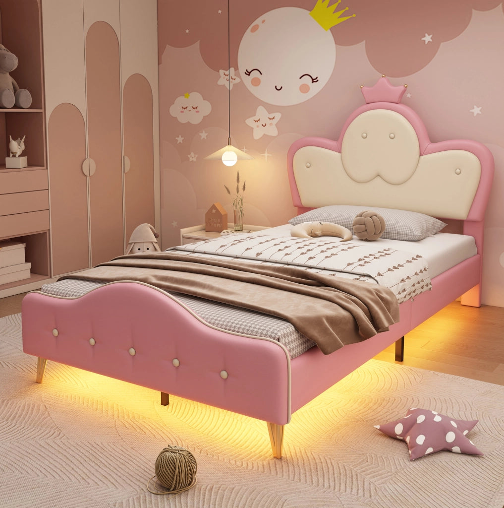 Letto singolo per bambini 90x200 in PU rosa e bianco， corona， LED， senza materasso