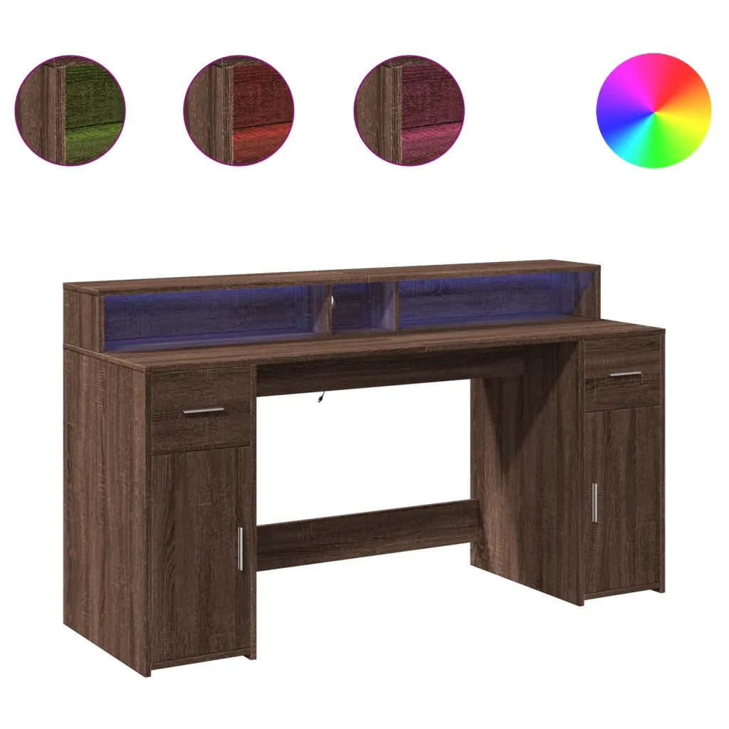 Scrivania con Luci LED Marrone Rovere 160x55x91 cm Multistrato