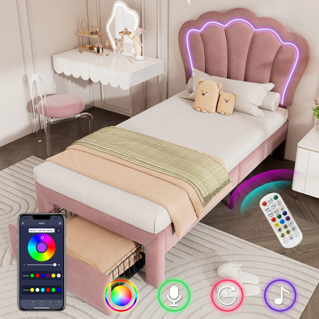 LETTO Singolo 90x200 cm in Velluto Rosa con LED, testiera regolabile e cassetto