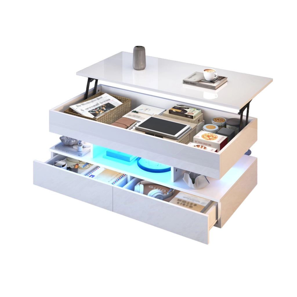 Tavolino da caffè alzabile con 2 cassetti e LED per soggiorno; 100×50×45 cm; bianco