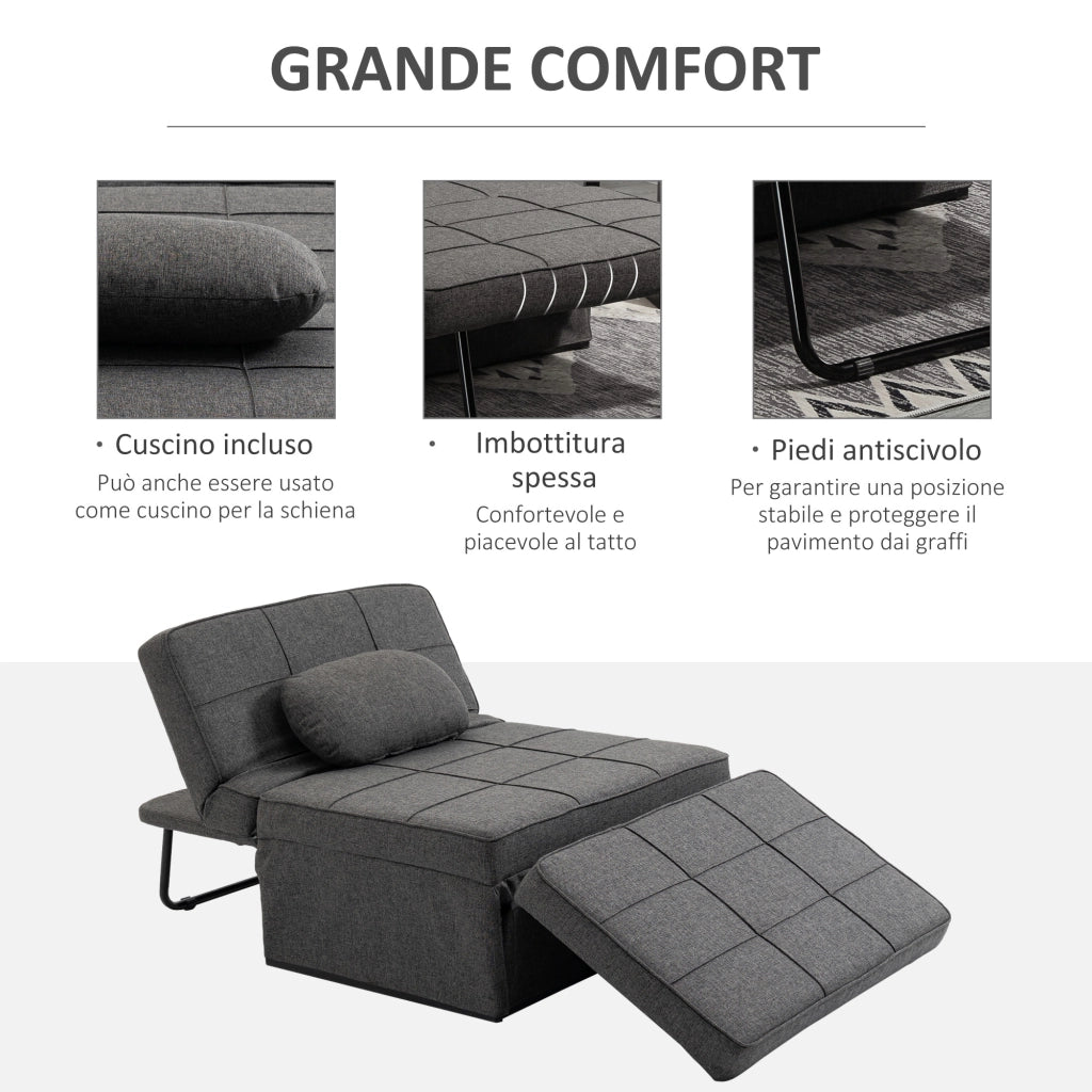 Letto Divano Poltrona con Schienale Regolabile e Cuscino in Tessuto ¨C Zephmum ¨C Grigio 95x179x78 cm