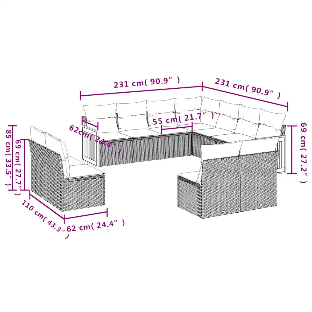 Set Divani da Giardino 10 pz con Cuscini Grigio in Polyrattan 3227797