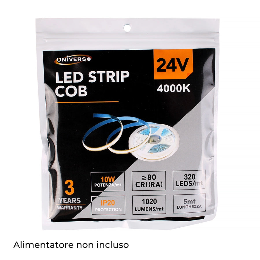 STRISCIA LED COB 5M TAGLIABILE LUCE NATURALE 4000K A 24V - ALTA EFFICIENZA IDEALE PER ILLUMINAZIONE INTERNA