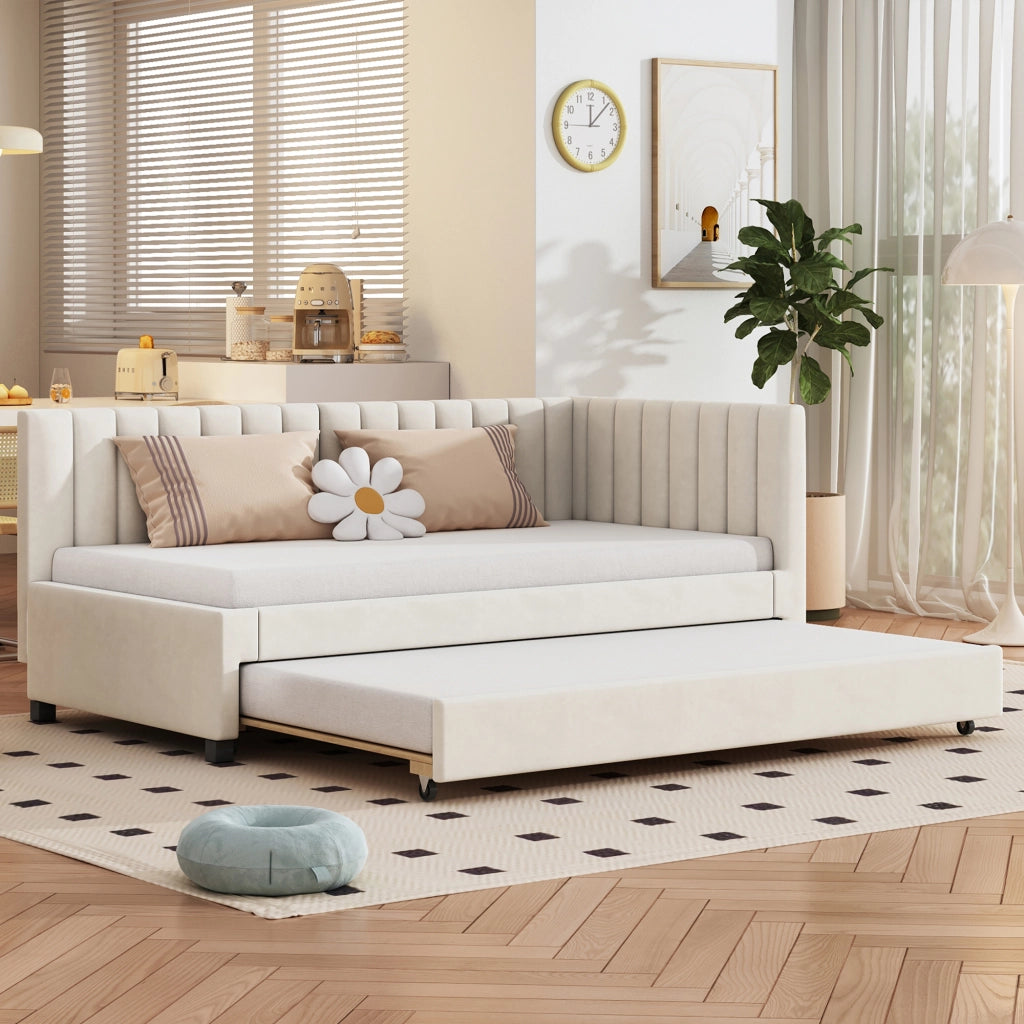 LETTO imbottito estraibile 90x200 cm in velluto beige con rete a doghe