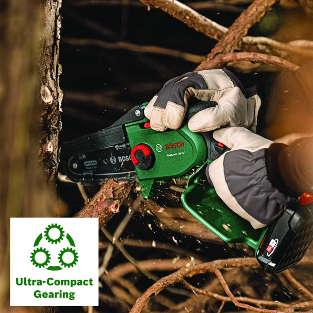 Bosch 06008B8900 EasyChain Motosega a Batteria 18V 2,5Ah Lunghezza Barra 15 cm Velocita' Catena 7 m-s colore Nero Verde