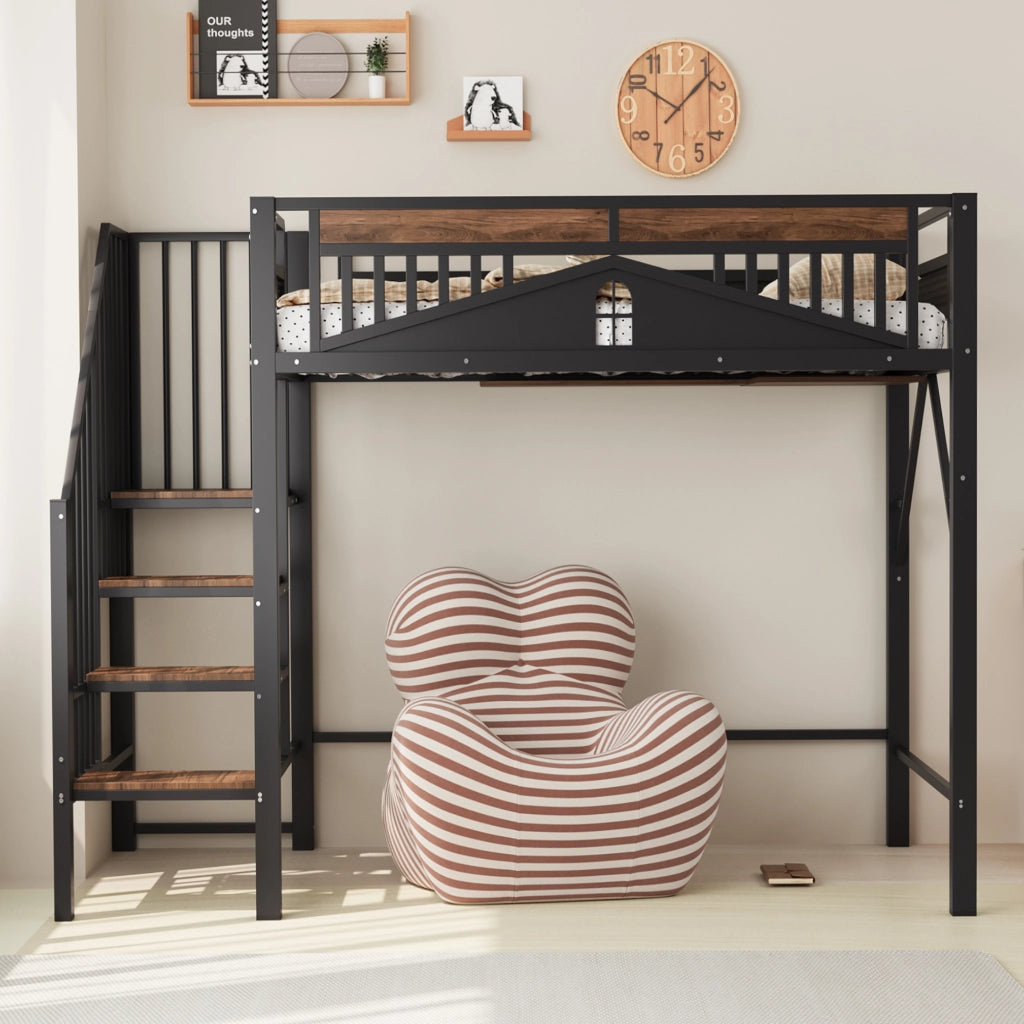 Letto a soppalco in metallo 90x200 cm con ringhiera di sicurezza e scala laterale, colore nero