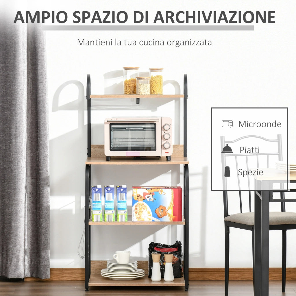 Mobiletto Microonde da Cucina con 4 Ripiani e 4 Ganci, in Acciaio e Legno, 60x40x125 cm, Color Legno